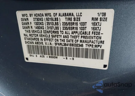 2008 Honda Odyssey Ex from USA, damaged, VIN 5FNRL38418B032346